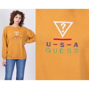 90s Guess USA Mustard Yellow Sweatshirt - One Size‎ | Vintage Embroidered Logo